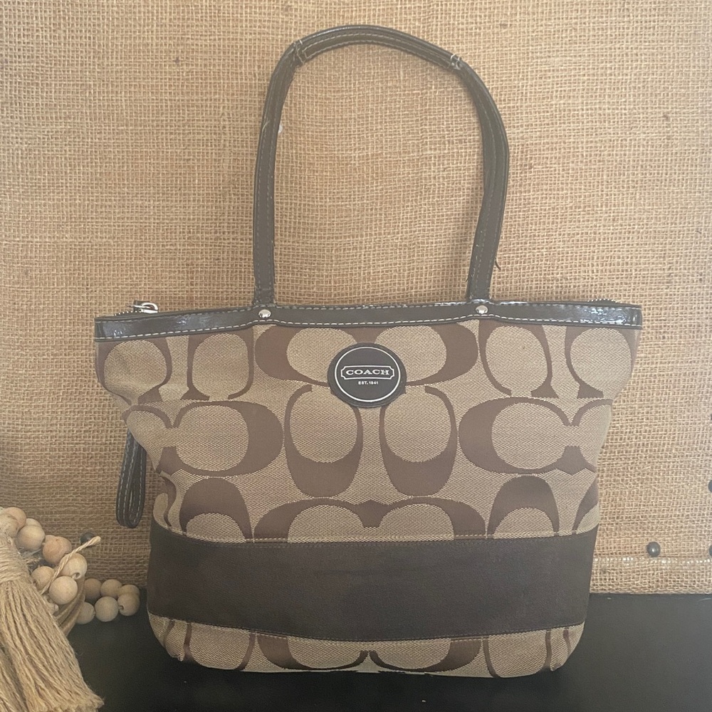Coach Legacy Stripe Signature Tan and Brown Shoulder Bag